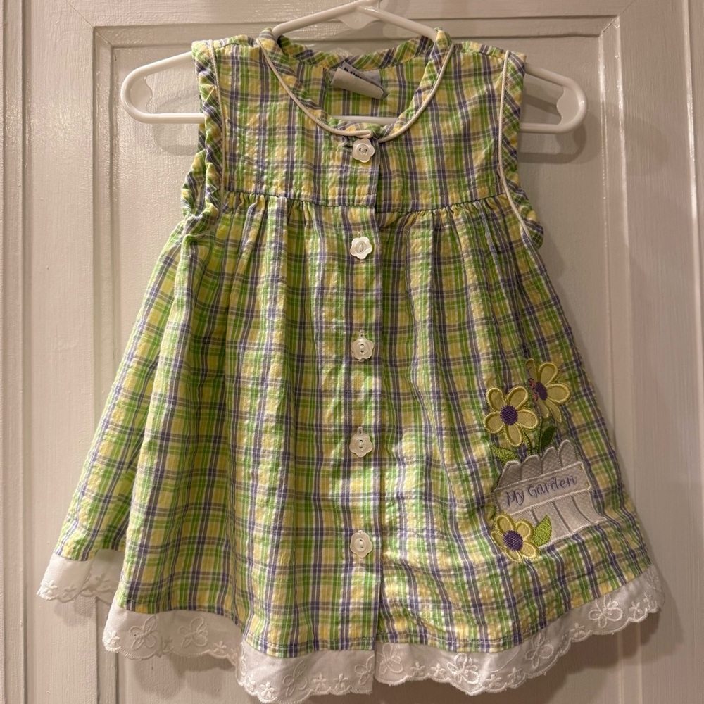 Vintage Samara Plaid Sleeveless Dress with Floral Embroidery & Lace, size 18 mo